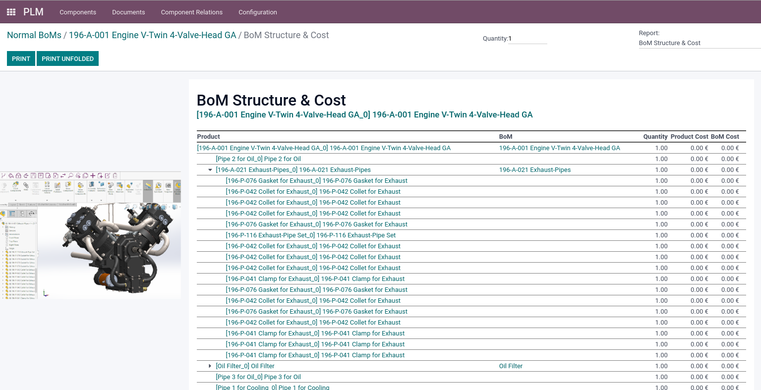 OdooPLM BOM structure & cost report